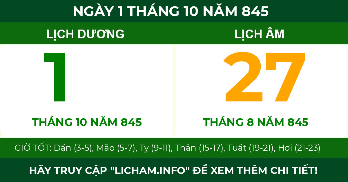 lịch âm ngày 1 tháng 10 năm 845
