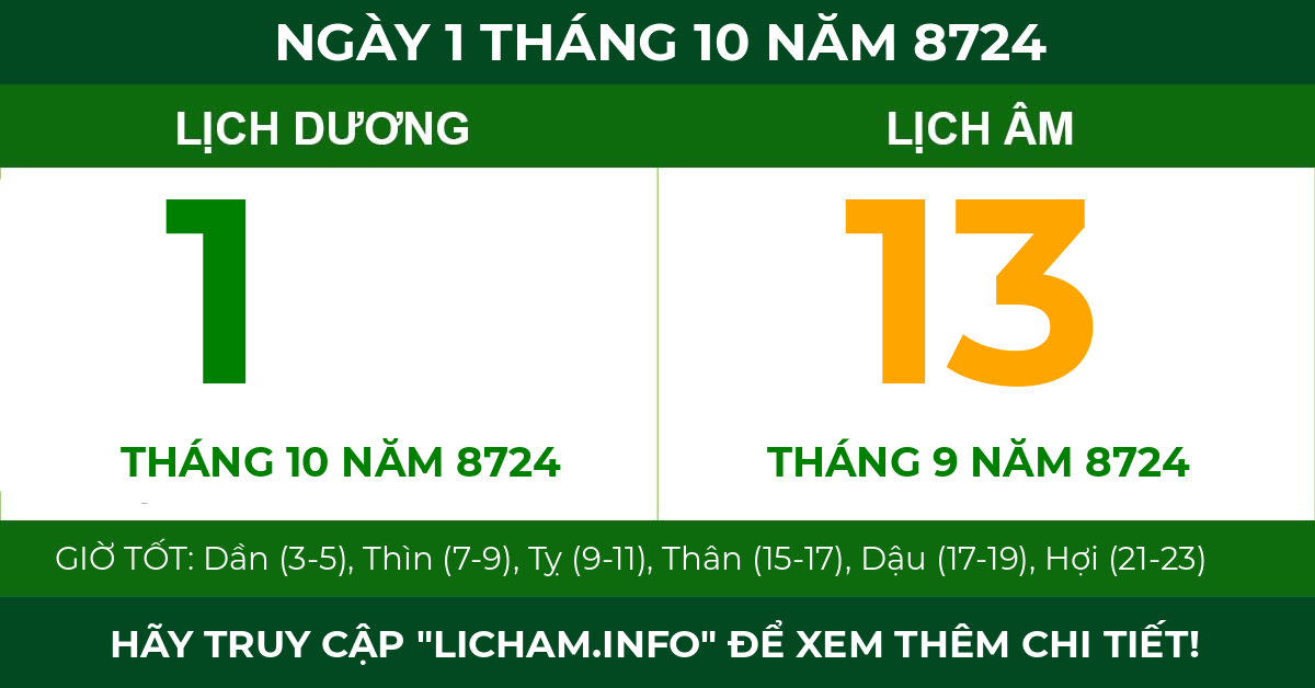 lịch âm ngày 1 tháng 10 năm 8724