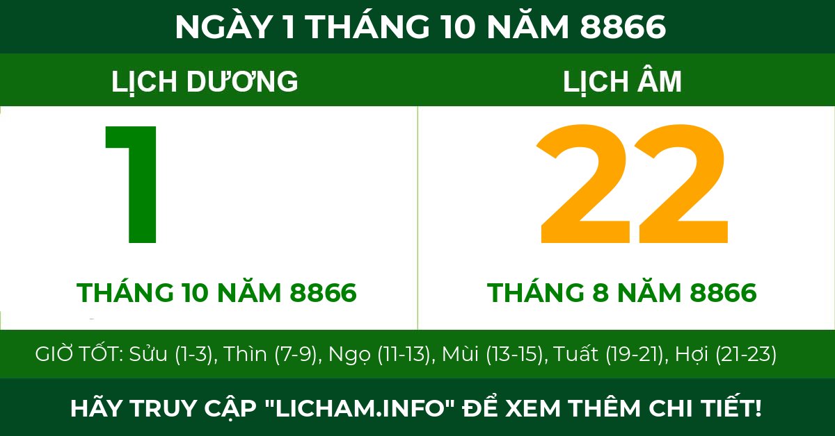 lịch âm ngày 1 tháng 10 năm 8866