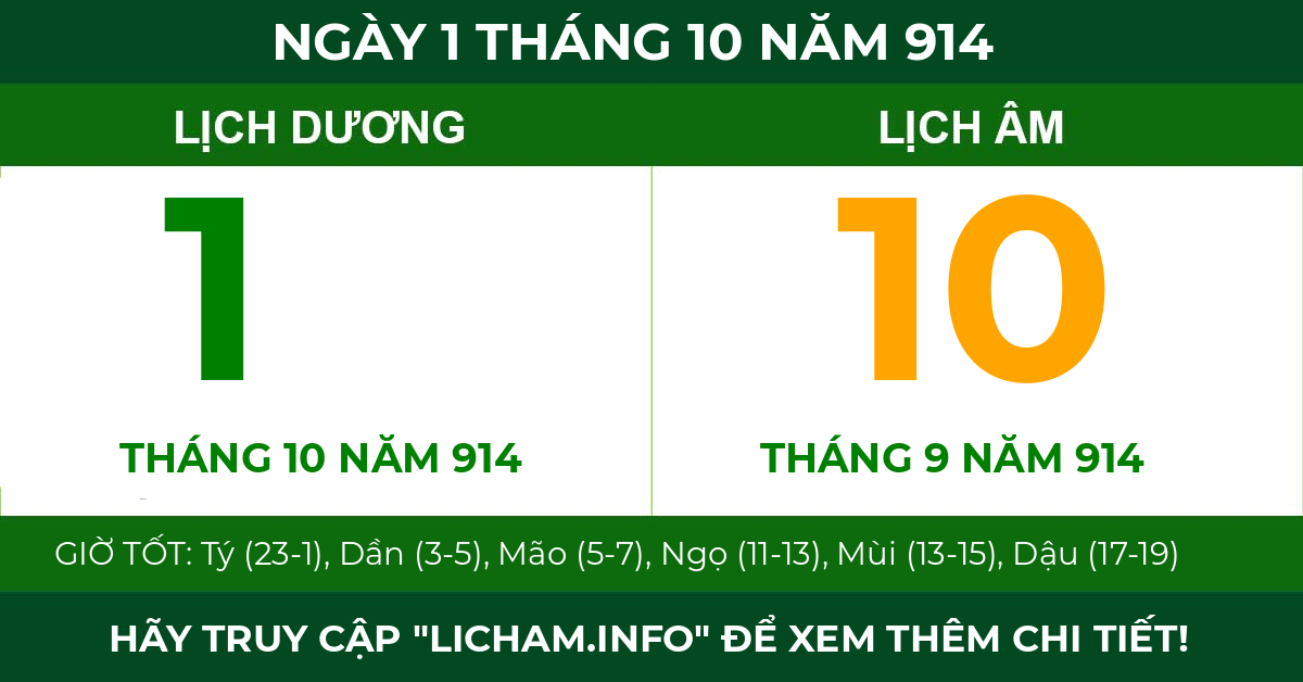 lịch âm ngày 1 tháng 10 năm 914