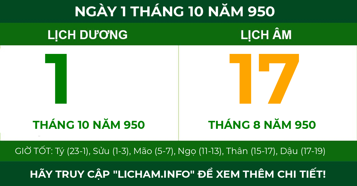 lịch âm ngày 1 tháng 10 năm 950