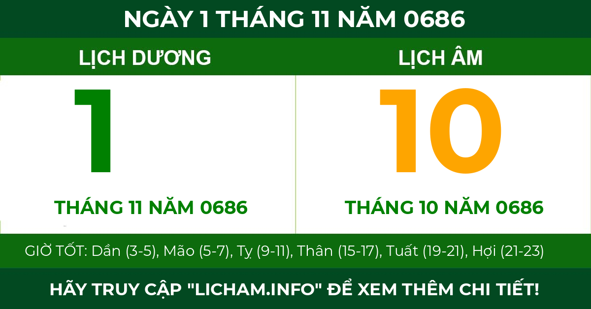 lịch âm ngày 1 tháng 11 năm 0686