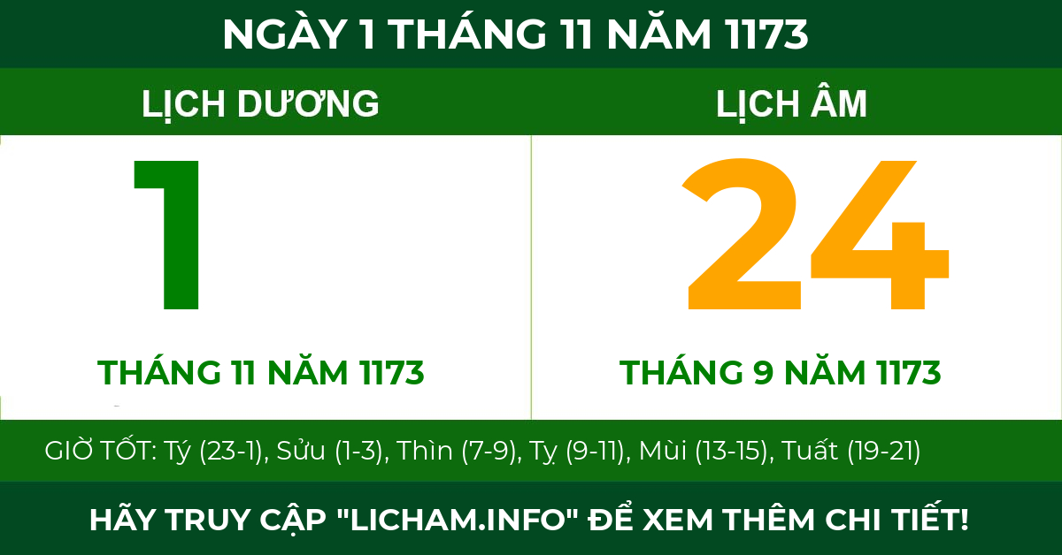 lịch âm ngày 1 tháng 11 năm 1173