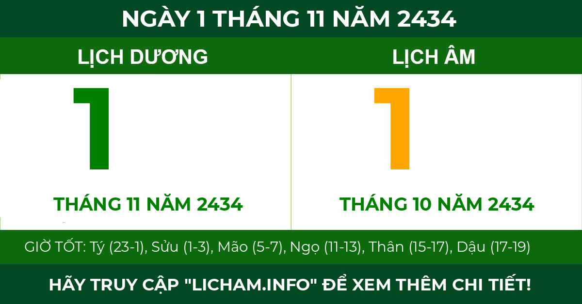 lịch âm ngày 1 tháng 11 năm 2434