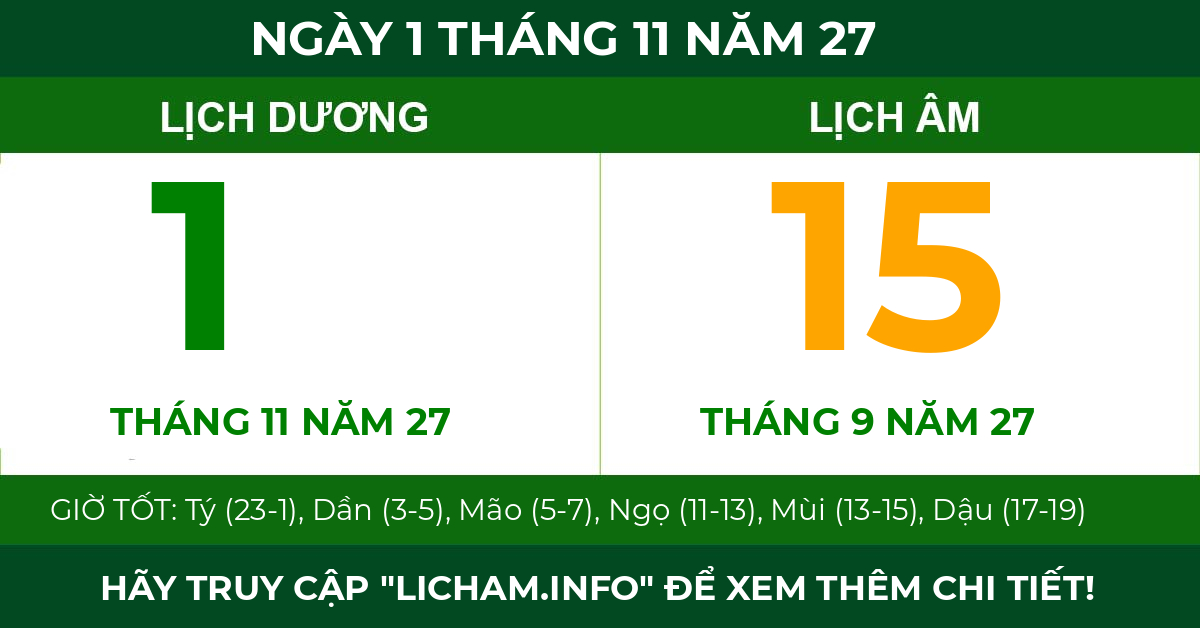 lịch âm ngày 1 tháng 11 năm 27