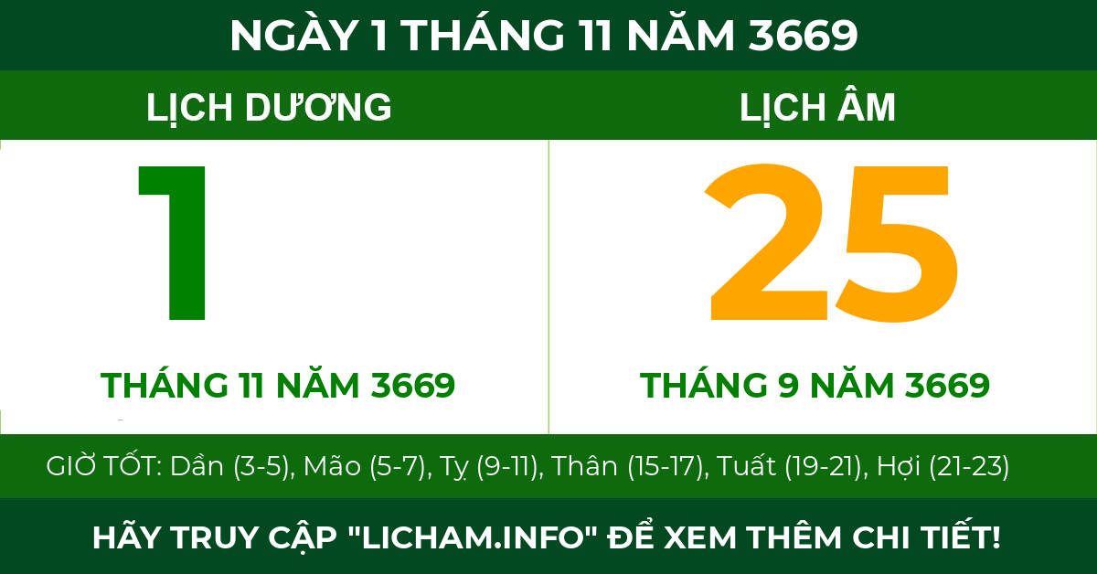 lịch âm ngày 1 tháng 11 năm 3669