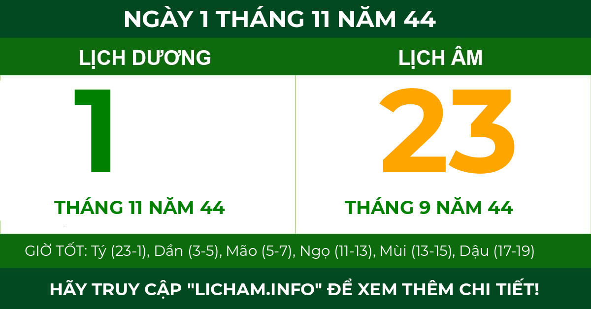 lịch âm ngày 1 tháng 11 năm 44