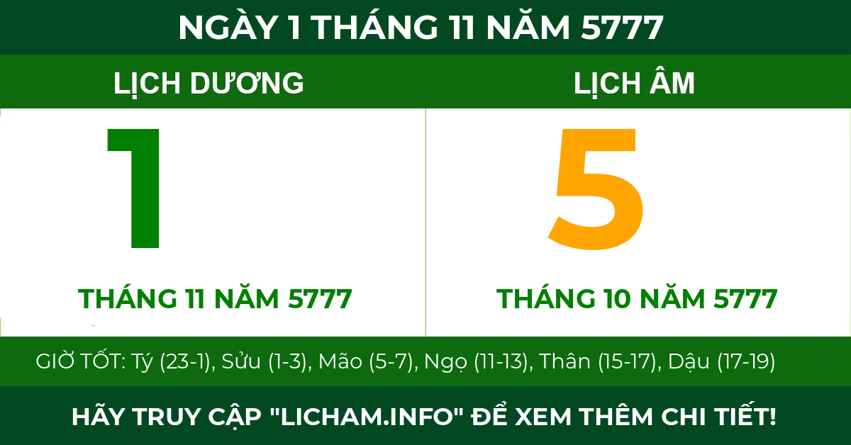lịch âm ngày 1 tháng 11 năm 5777