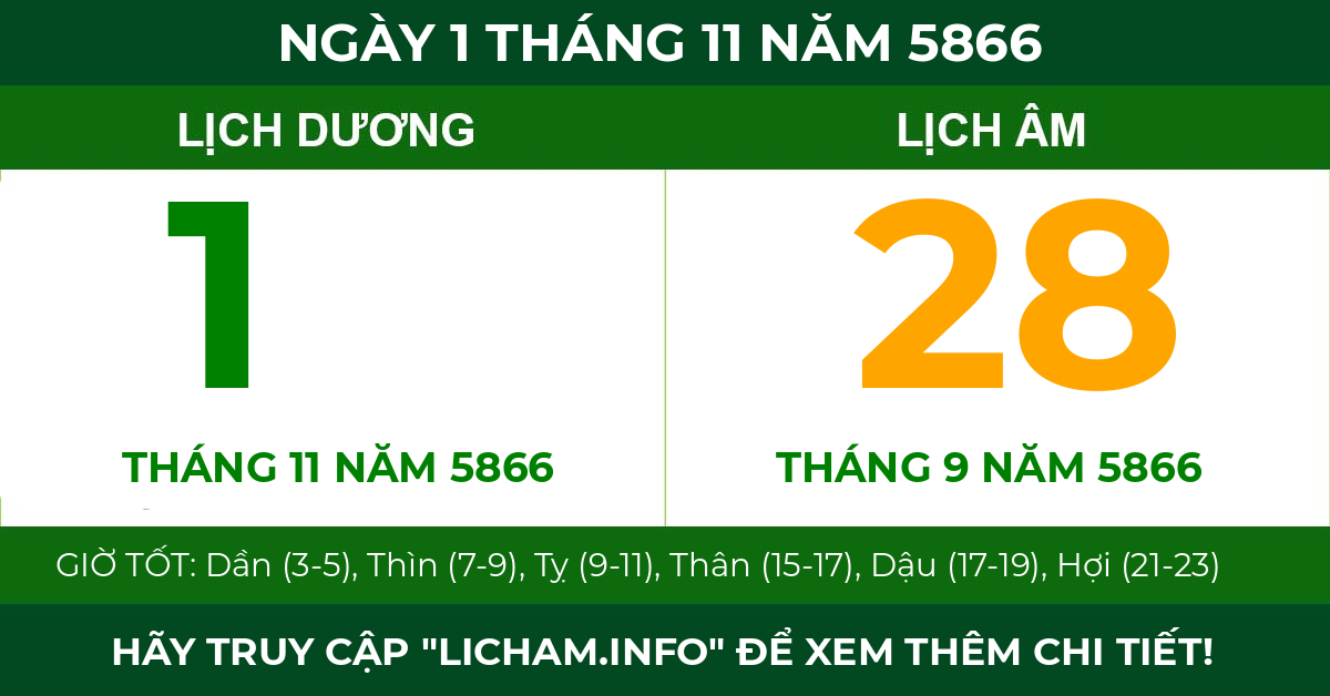 lịch âm ngày 1 tháng 11 năm 5866