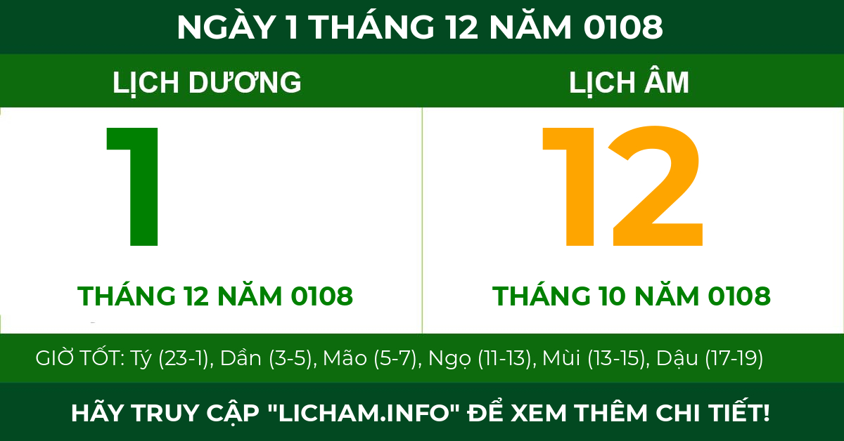lịch âm ngày 1 tháng 12 năm 0108