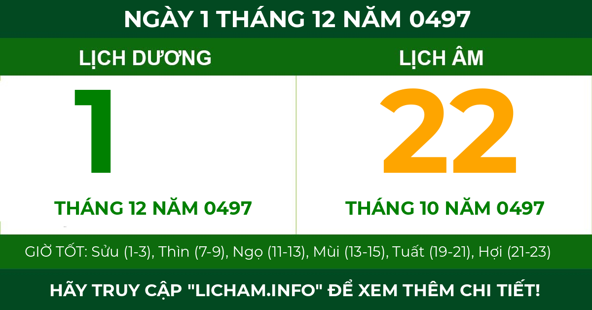 lịch âm ngày 1 tháng 12 năm 0497