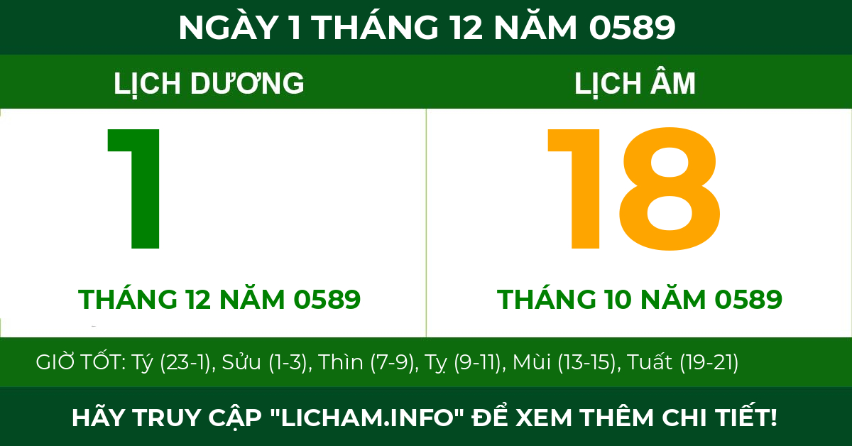 lịch âm ngày 1 tháng 12 năm 0589