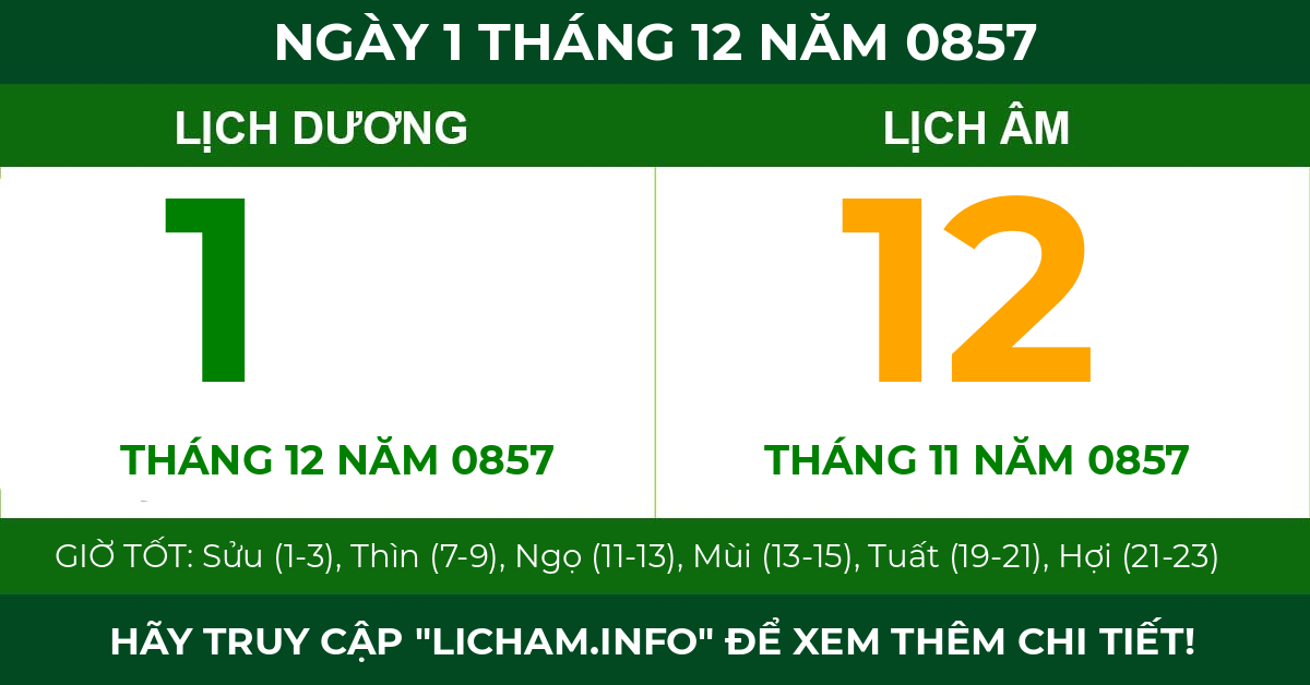 lịch âm ngày 1 tháng 12 năm 0857
