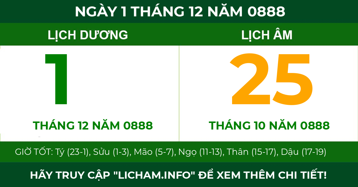 lịch âm ngày 1 tháng 12 năm 0888