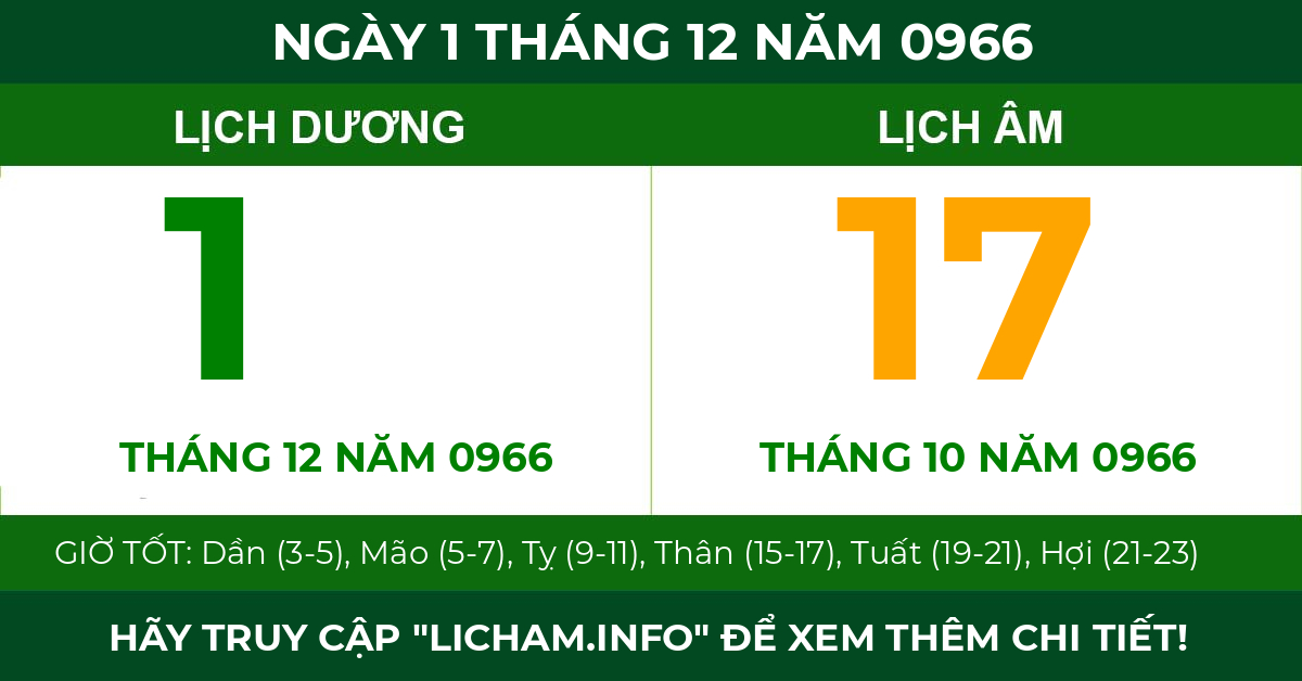 lịch âm ngày 1 tháng 12 năm 0966