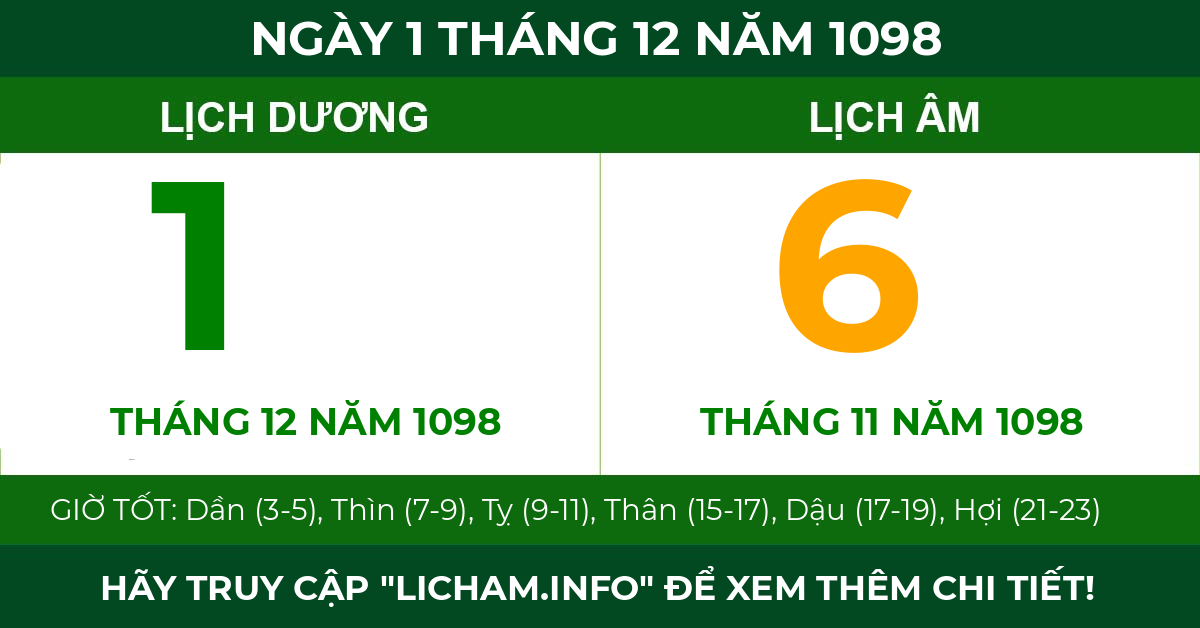 lịch âm ngày 1 tháng 12 năm 1098