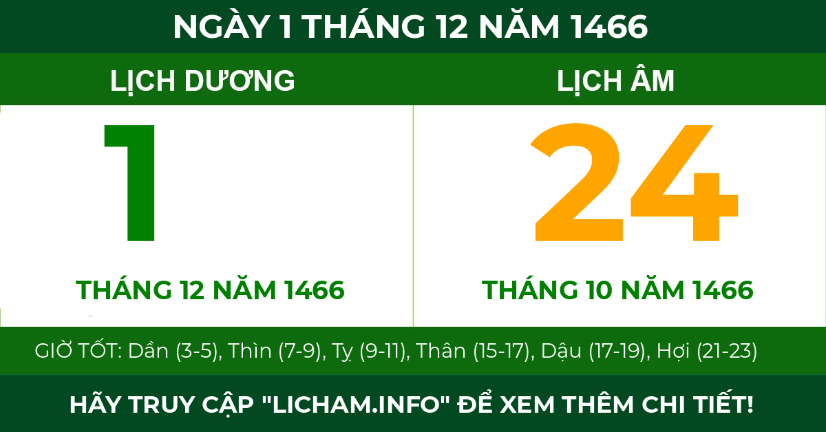 lịch âm ngày 1 tháng 12 năm 1466