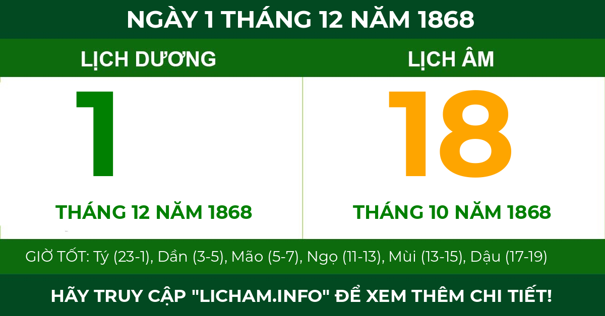 lịch âm ngày 1 tháng 12 năm 1868