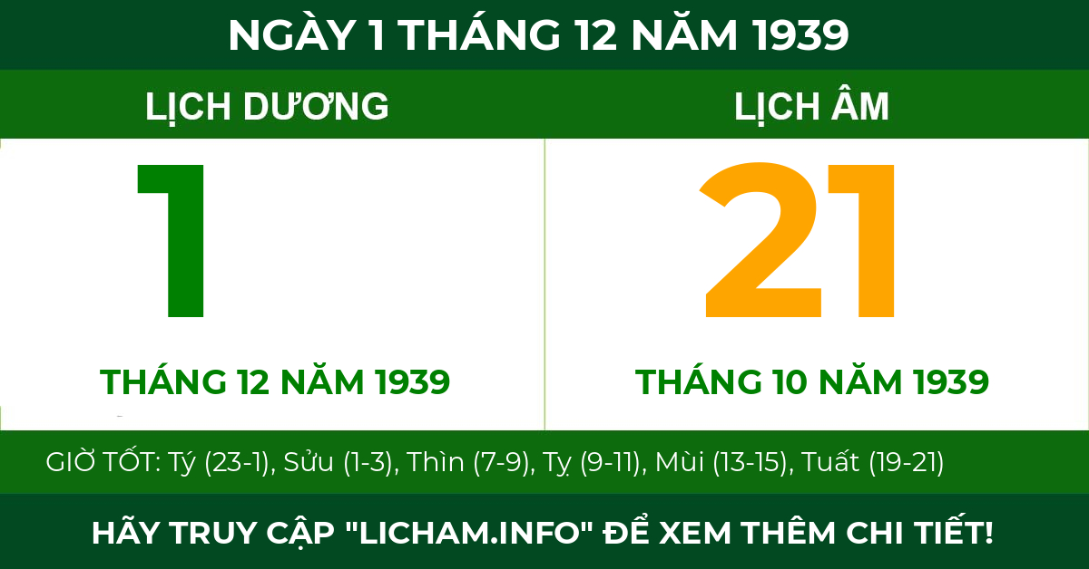 lịch âm ngày 1 tháng 12 năm 1939