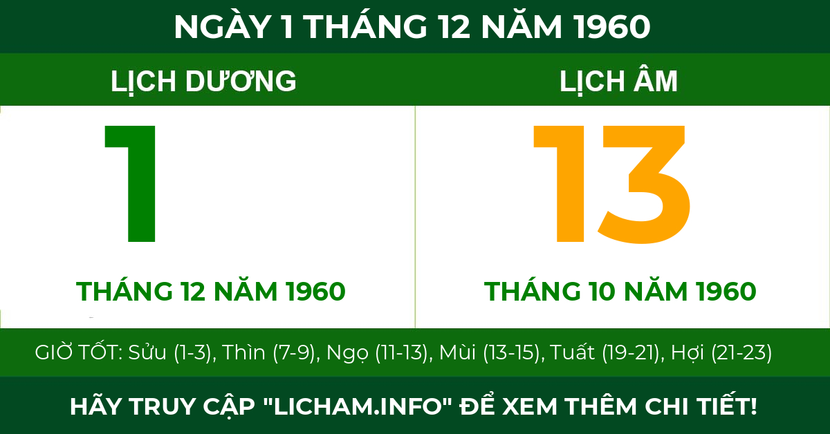 lịch âm ngày 1 tháng 12 năm 1960