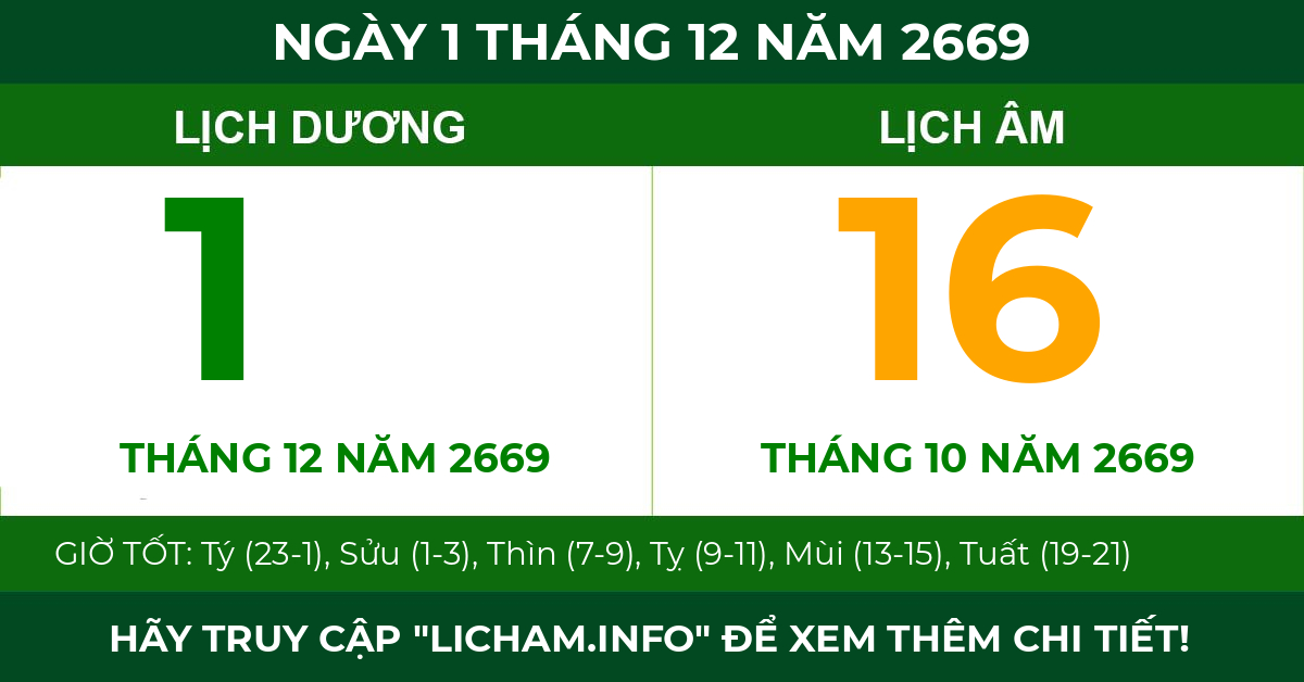 lịch âm ngày 1 tháng 12 năm 2669