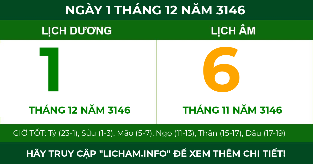 lịch âm ngày 1 tháng 12 năm 3146