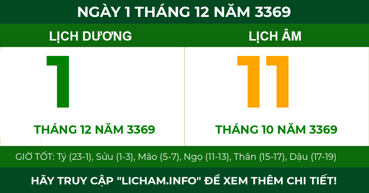 lịch âm ngày 1 tháng 12 năm 3369