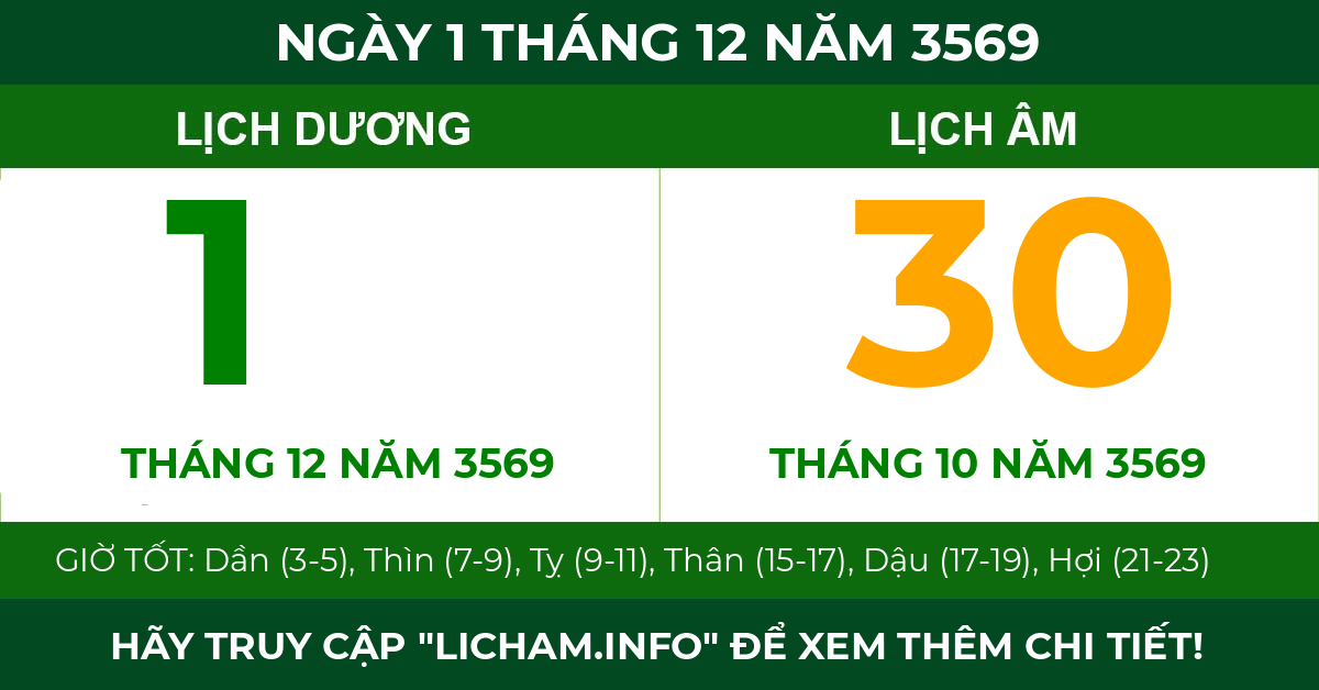 lịch âm ngày 1 tháng 12 năm 3569