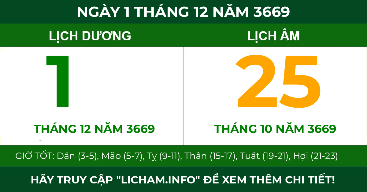 lịch âm ngày 1 tháng 12 năm 3669