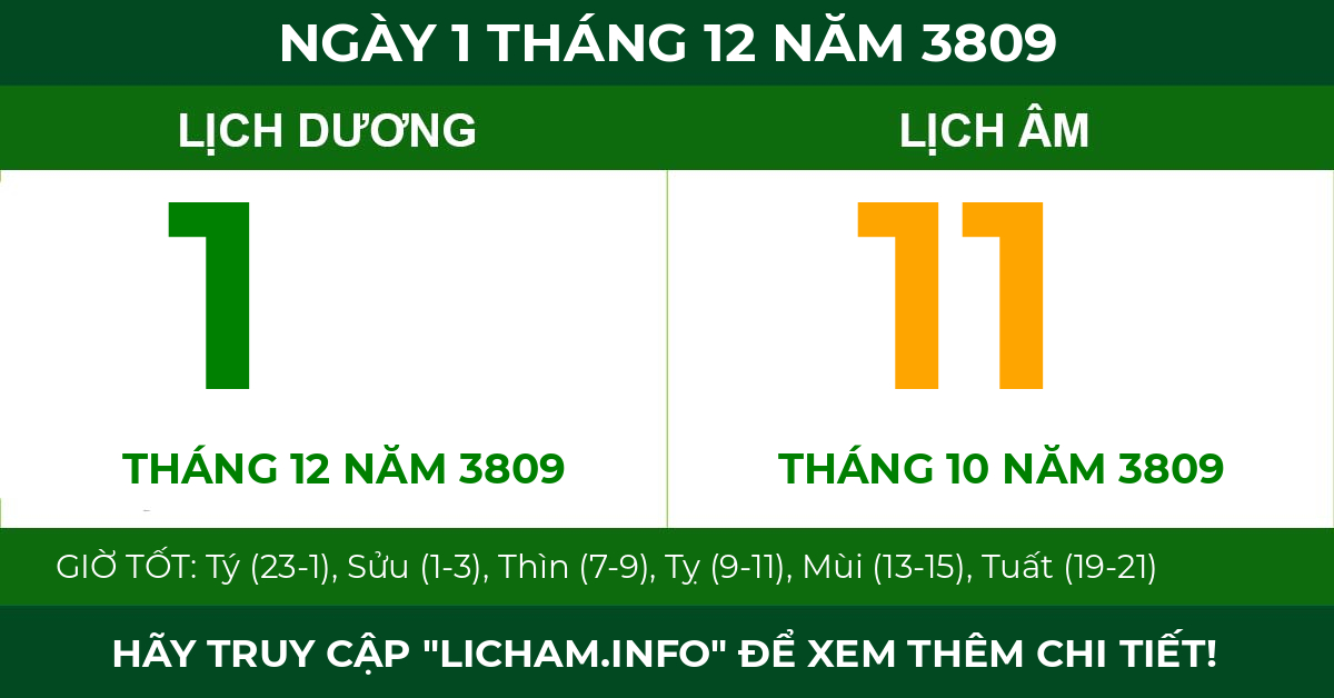 lịch âm ngày 1 tháng 12 năm 3809