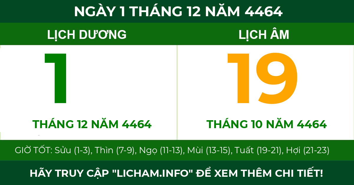 lịch âm ngày 1 tháng 12 năm 4464