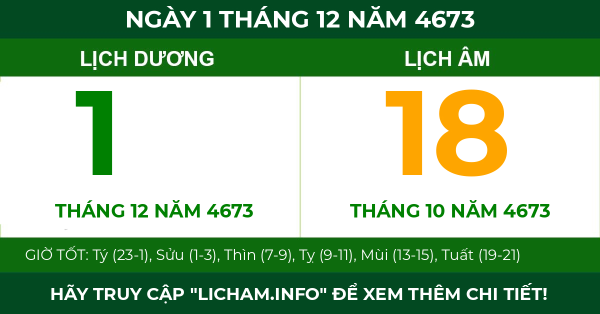 lịch âm ngày 1 tháng 12 năm 4673