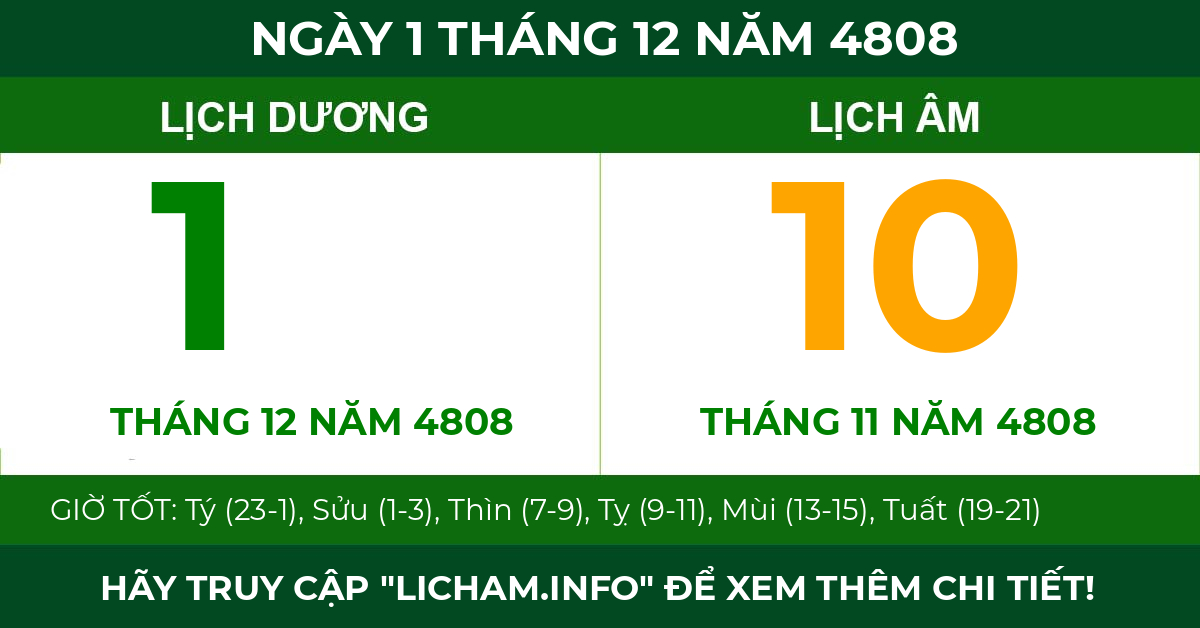 lịch âm ngày 1 tháng 12 năm 4808