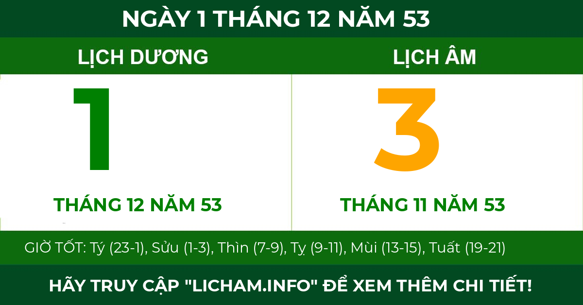 lịch âm ngày 1 tháng 12 năm 53