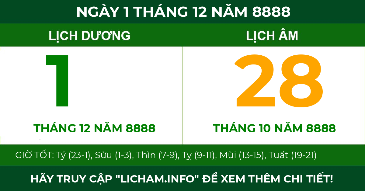 lịch âm ngày 1 tháng 12 năm 8888