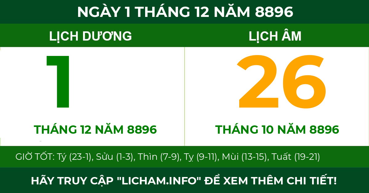 lịch âm ngày 1 tháng 12 năm 8896