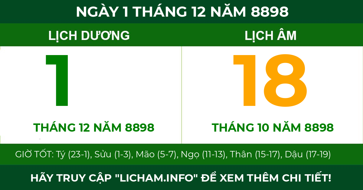 lịch âm ngày 1 tháng 12 năm 8898