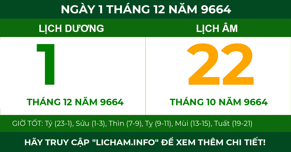 lịch âm ngày 1 tháng 12 năm 9664