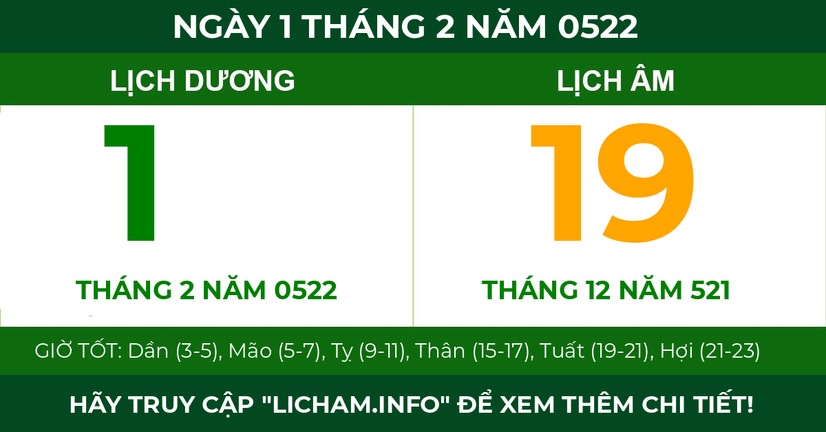 lịch âm ngày 1 tháng 2 năm 0522