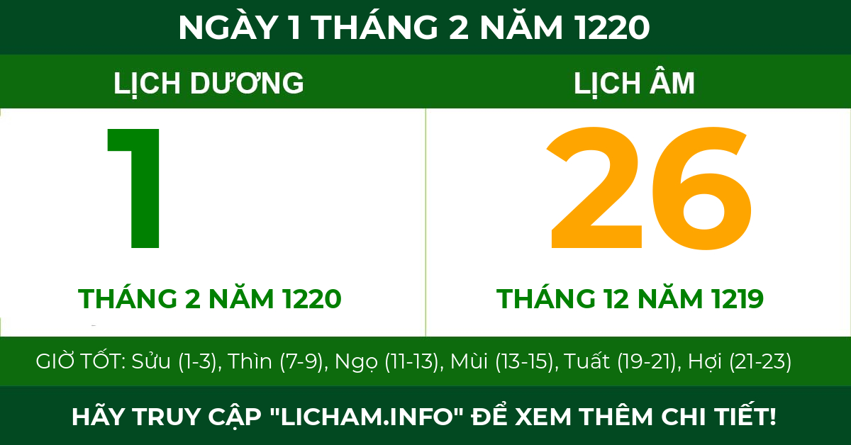 lịch âm ngày 1 tháng 2 năm 1220