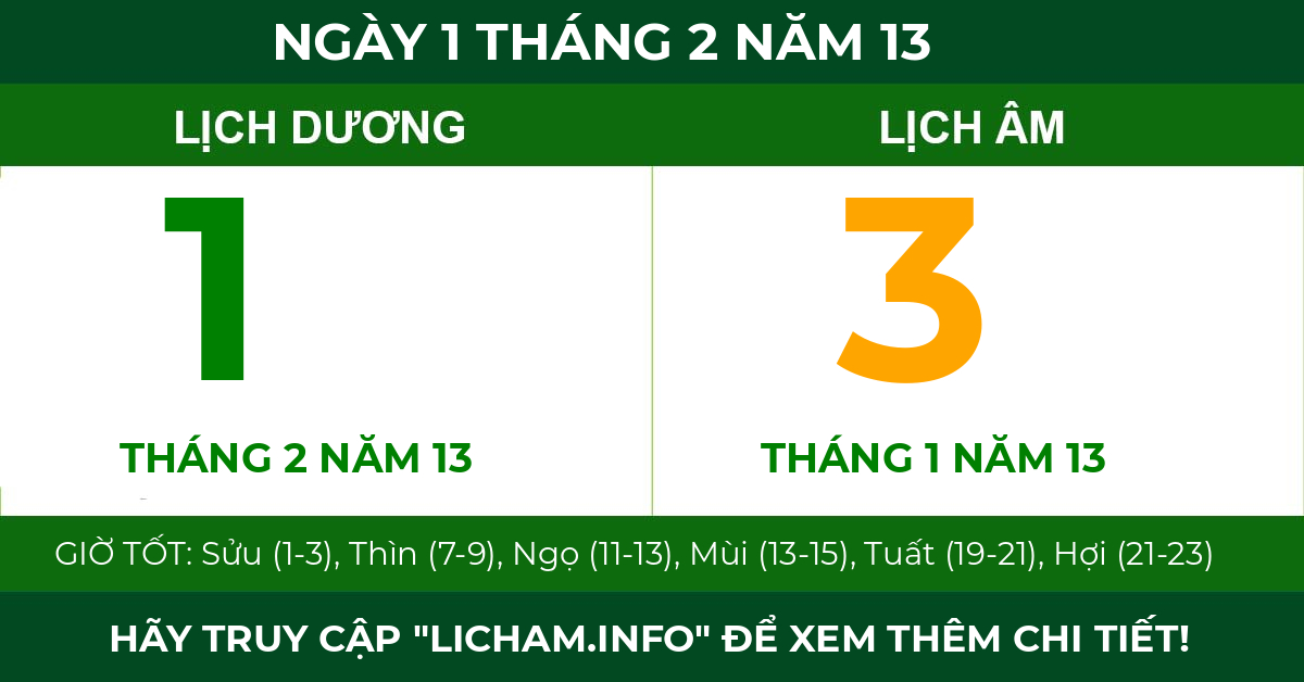 lịch âm ngày 1 tháng 2 năm 13