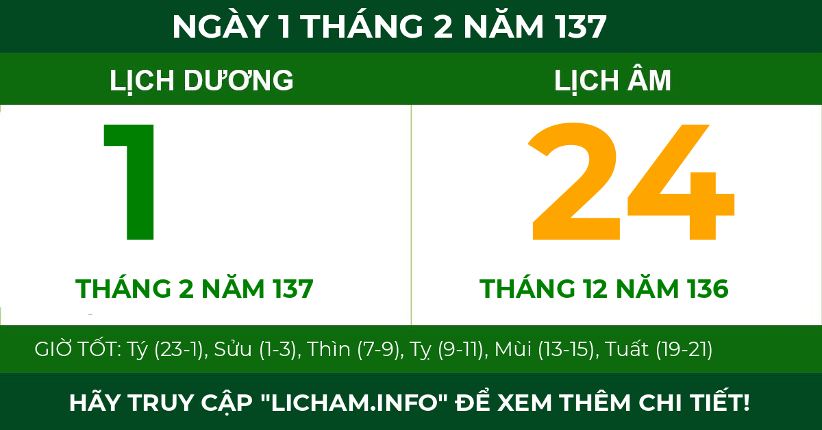 lịch âm ngày 1 tháng 2 năm 137
