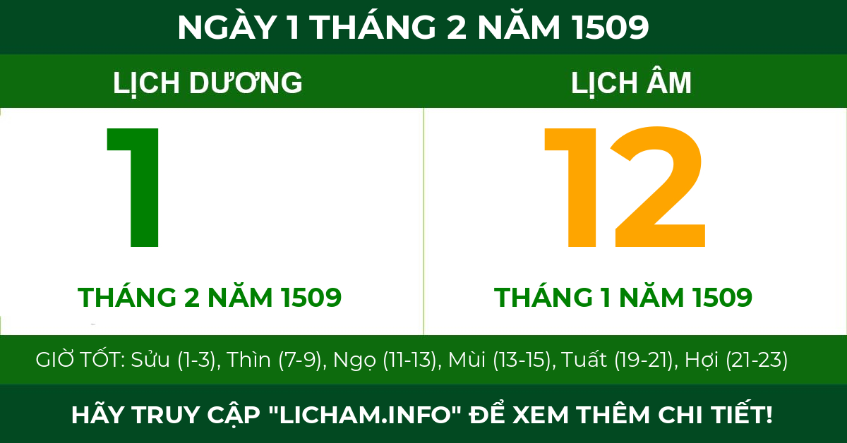 lịch âm ngày 1 tháng 2 năm 1509