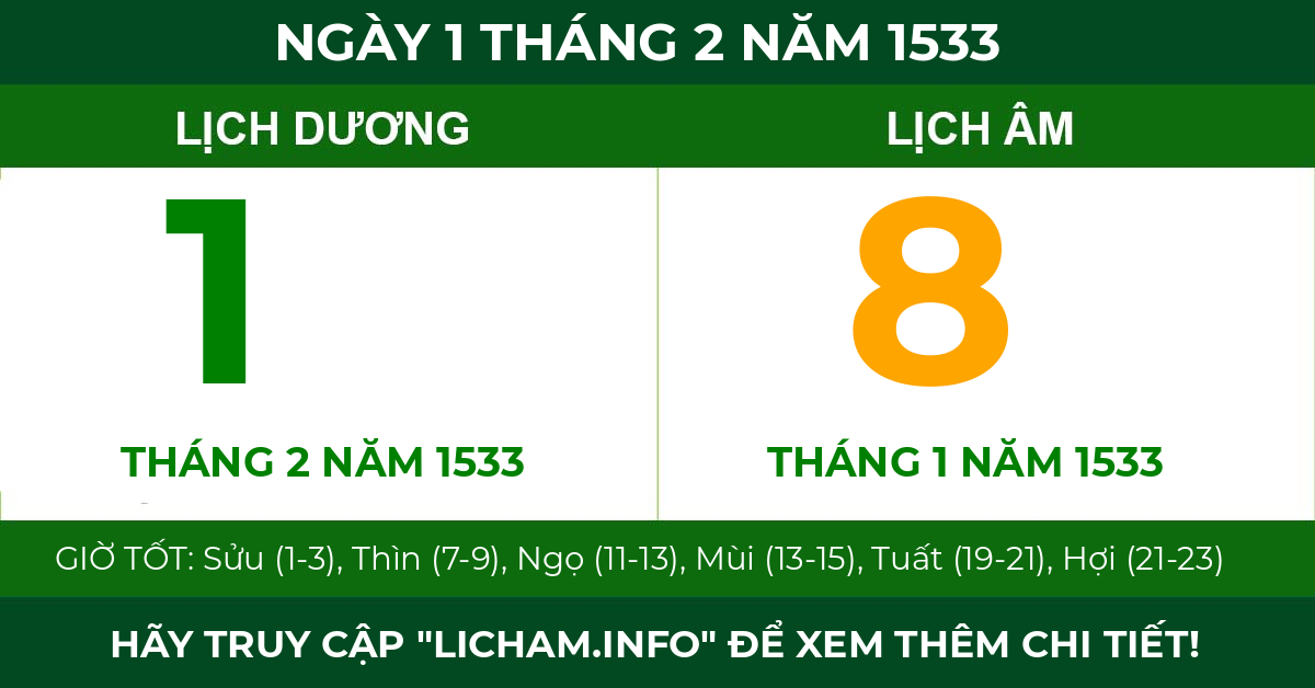lịch âm ngày 1 tháng 2 năm 1533
