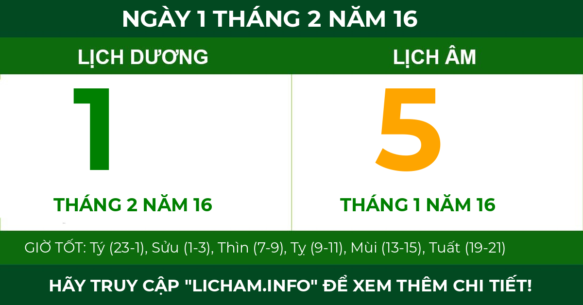 lịch âm ngày 1 tháng 2 năm 16