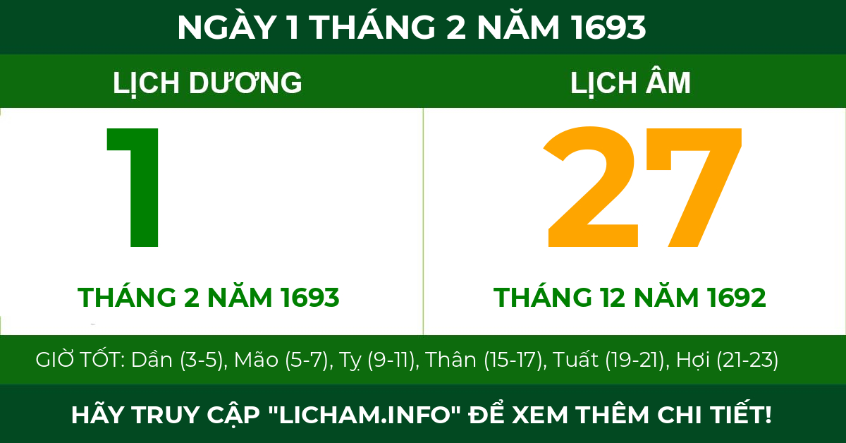 lịch âm ngày 1 tháng 2 năm 1693
