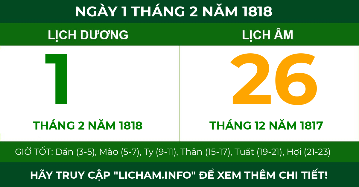 lịch âm ngày 1 tháng 2 năm 1818