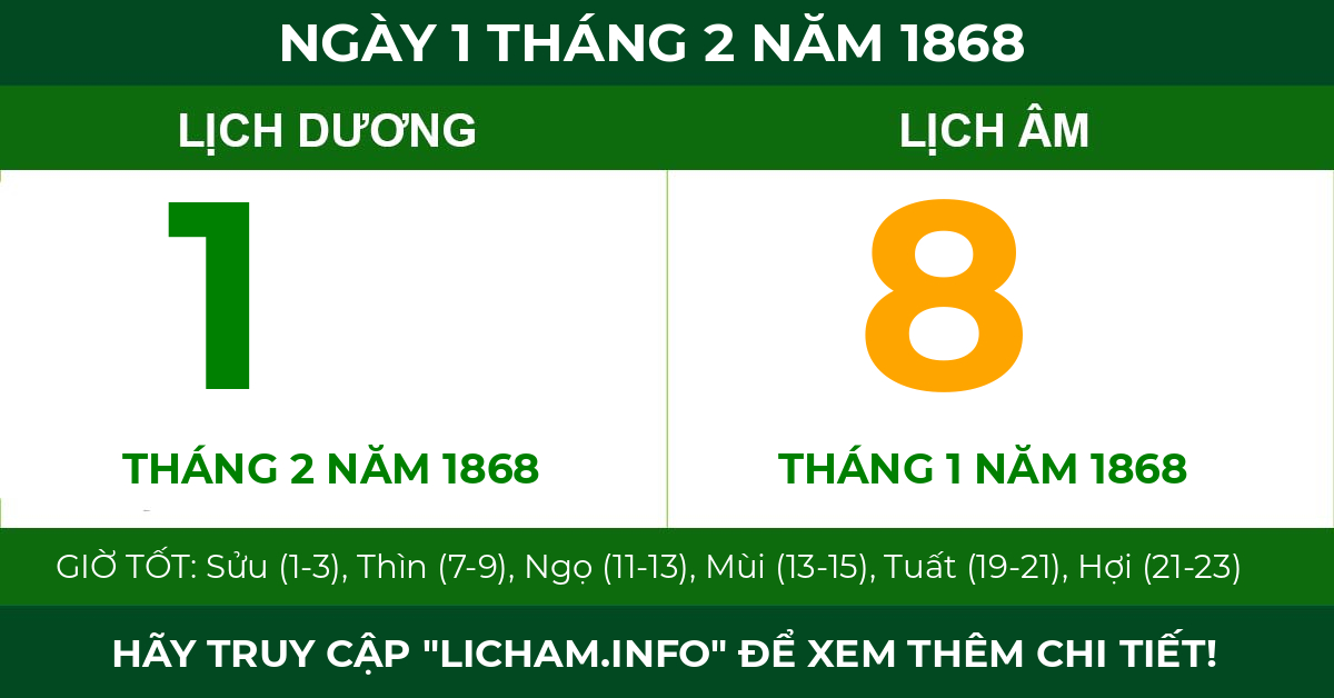 lịch âm ngày 1 tháng 2 năm 1868