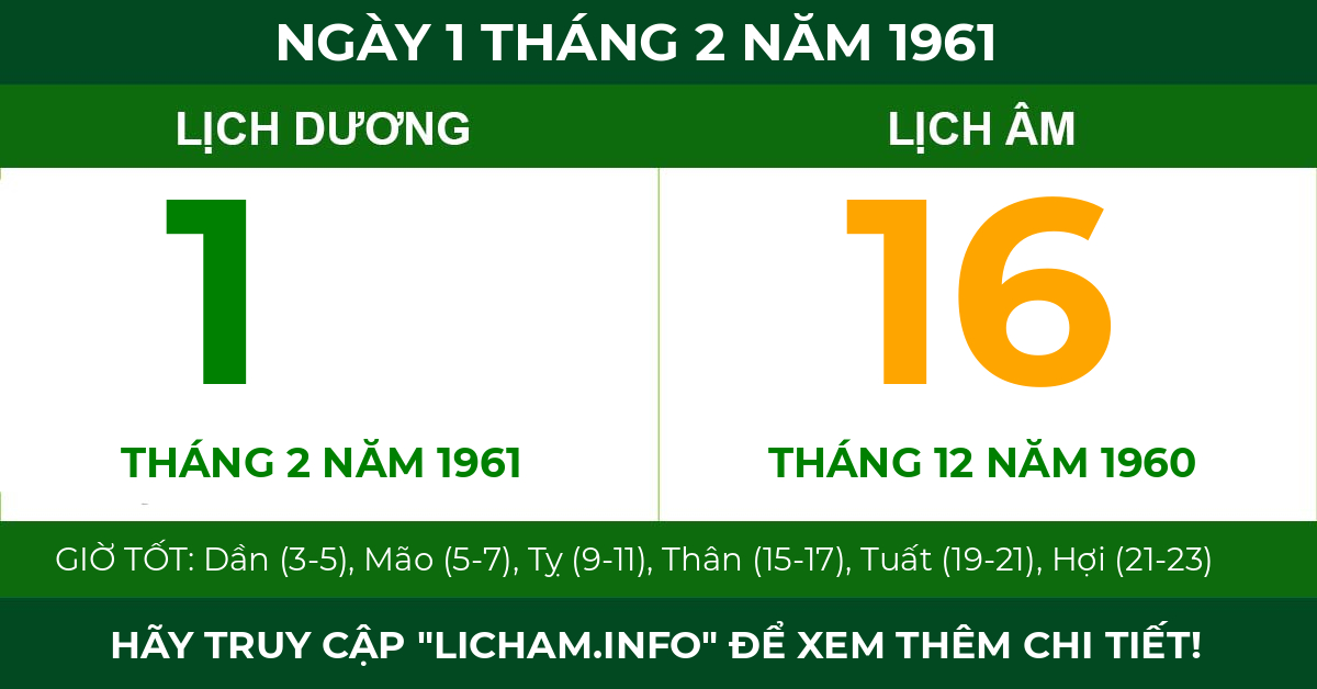 lịch âm ngày 1 tháng 2 năm 1961