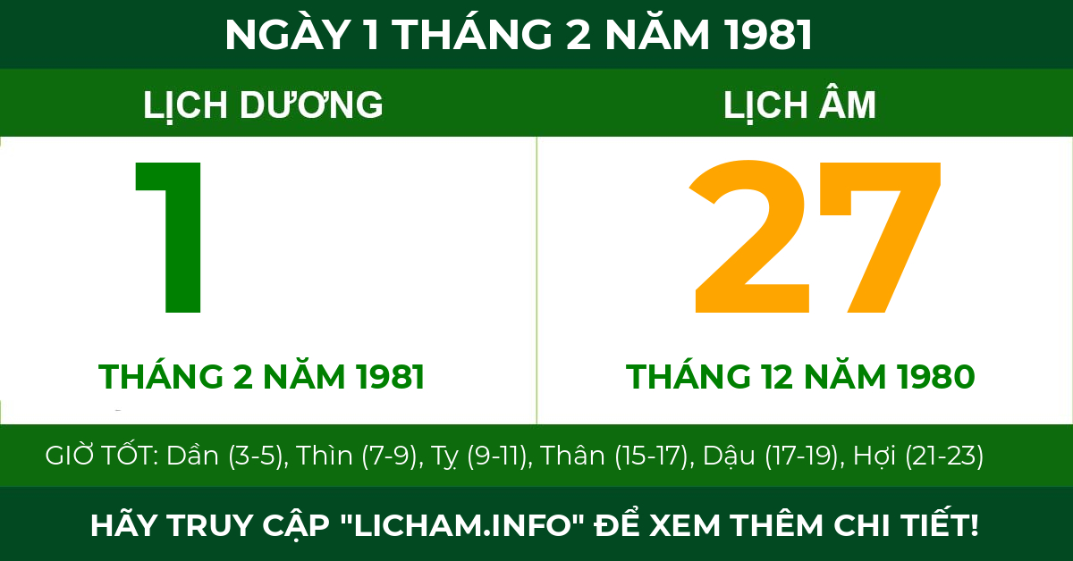 lịch âm ngày 1 tháng 2 năm 1981